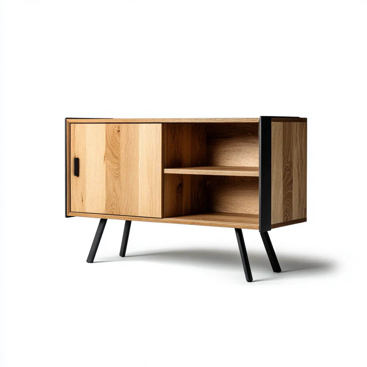 Sideboard Eiche Natur Schwarz 120 x 40 x 85 cm mit Schiebetür und offenen Regalen rechteckig