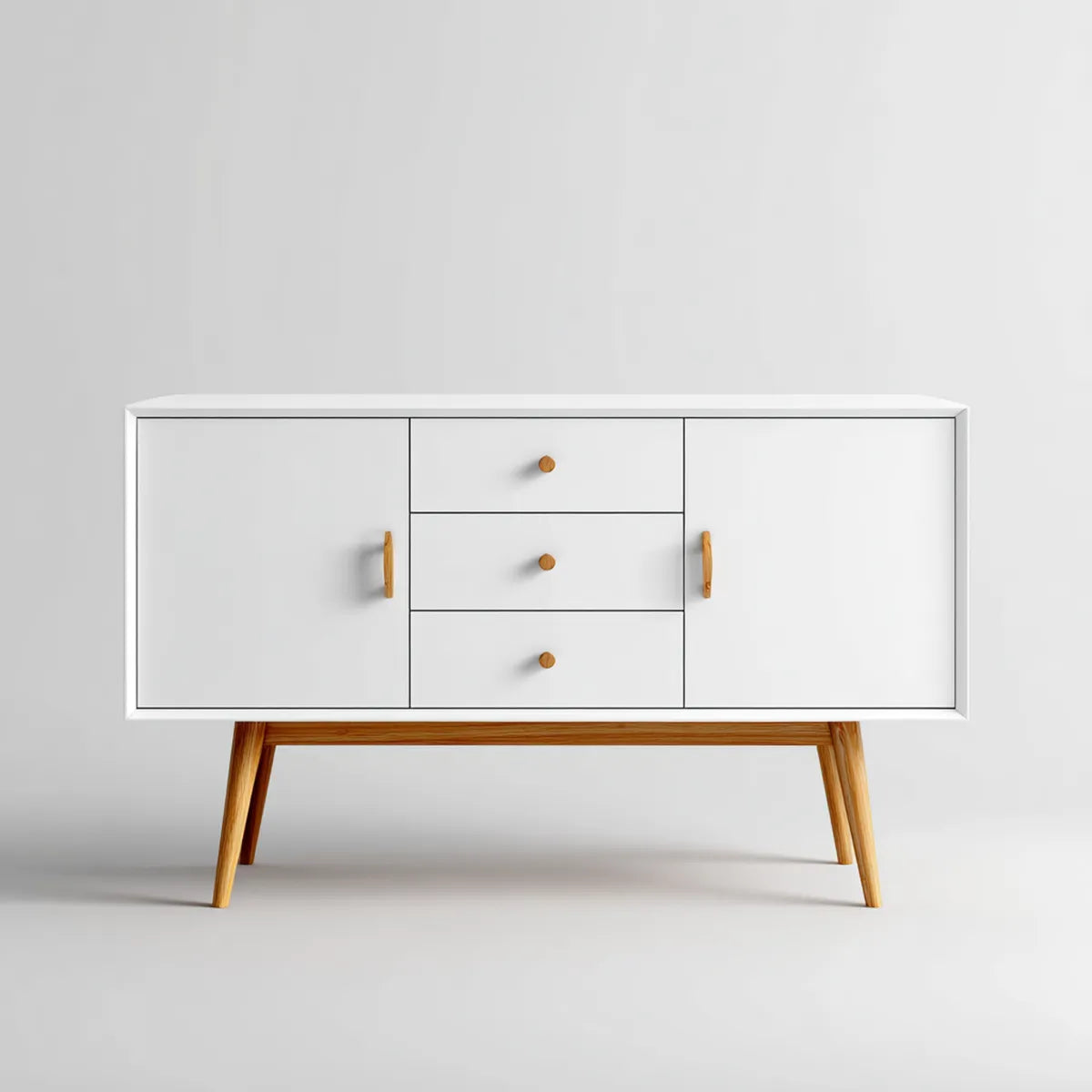Sideboard Weiß mit 2 Türen und 3 Schubladen aus MDF und Gummibaum-Massivholz 120 x 40 x 85 cm rechteckig