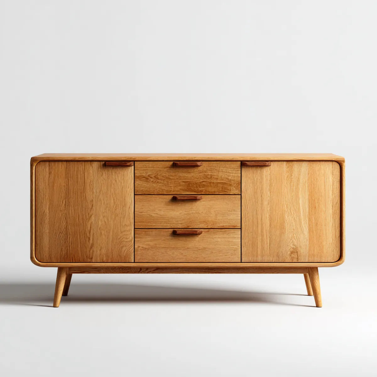 Sideboard Eiche Natur 160 x 45 x 85 cm Massivholz mit 2 Türen und 3 Schubladen abgerundete Rechteckform
